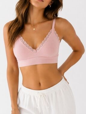 Tahari Blush Pink Lace Trim Bralette Soft Stretch Ribbed Wireless Comfort Bra
